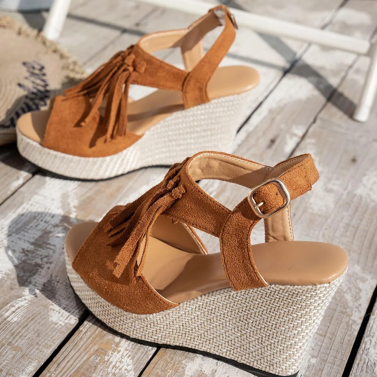 Women Summer Tassels Woven Orthopedic Wedge Sandals 2025 Summer Tassel Suede Woven Casual Open Toe Thick Soled High Heels Sandals Comfortable Lightweight Stylish Outdoor Wear Shoes