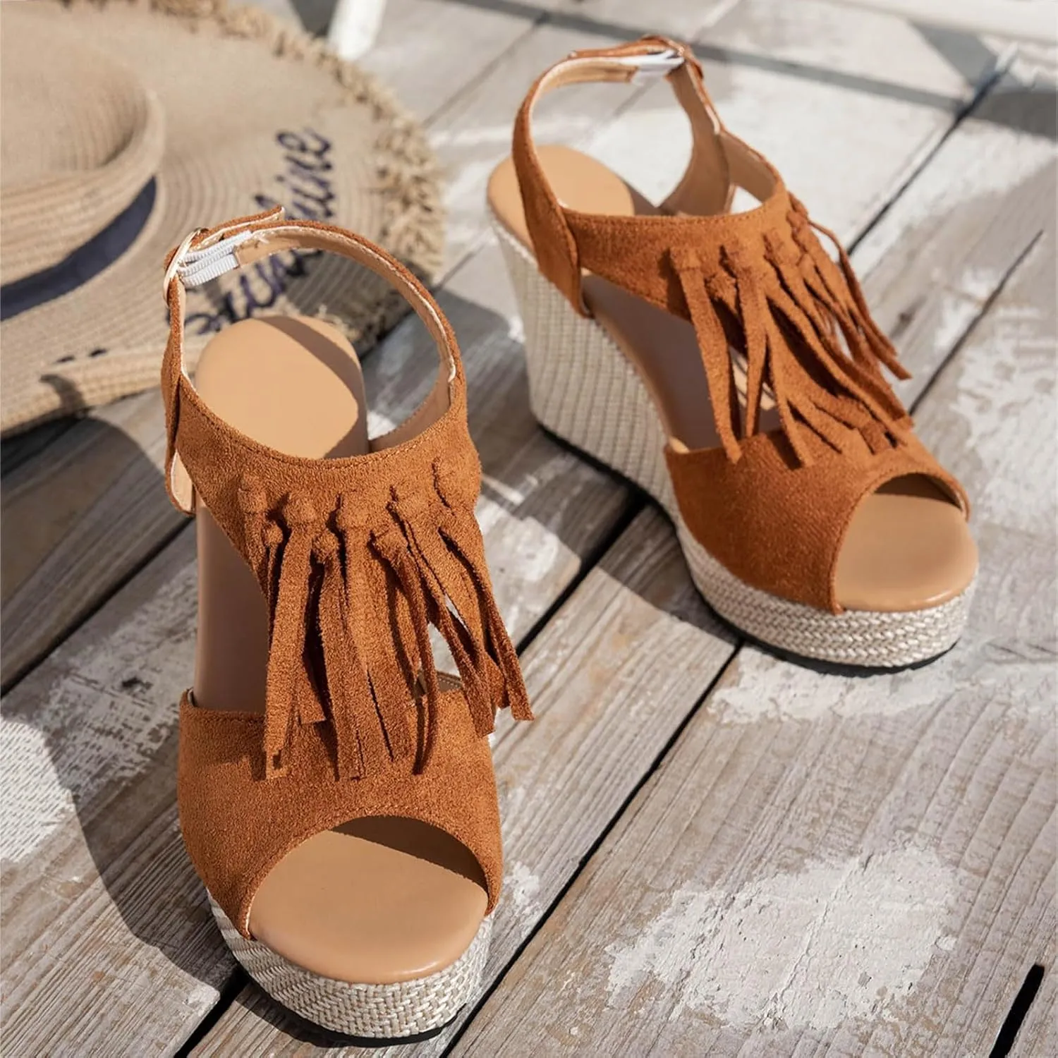 Women Summer Tassels Woven Orthopedic Wedge Sandals 2025 Summer Tassel Suede Woven Casual Open Toe Thick Soled High Heels Sandals Comfortable Lightweight Stylish Outdoor Wear Shoes