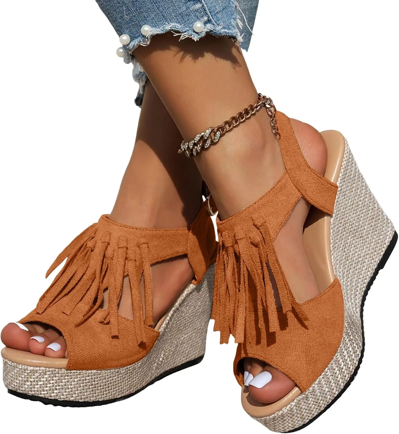 Women Summer Tassels Woven Orthopedic Wedge Sandals 2025 Summer Tassel Suede Woven Casual Open Toe Thick Soled High Heels Sandals Comfortable Lightweight Stylish Outdoor Wear Shoes