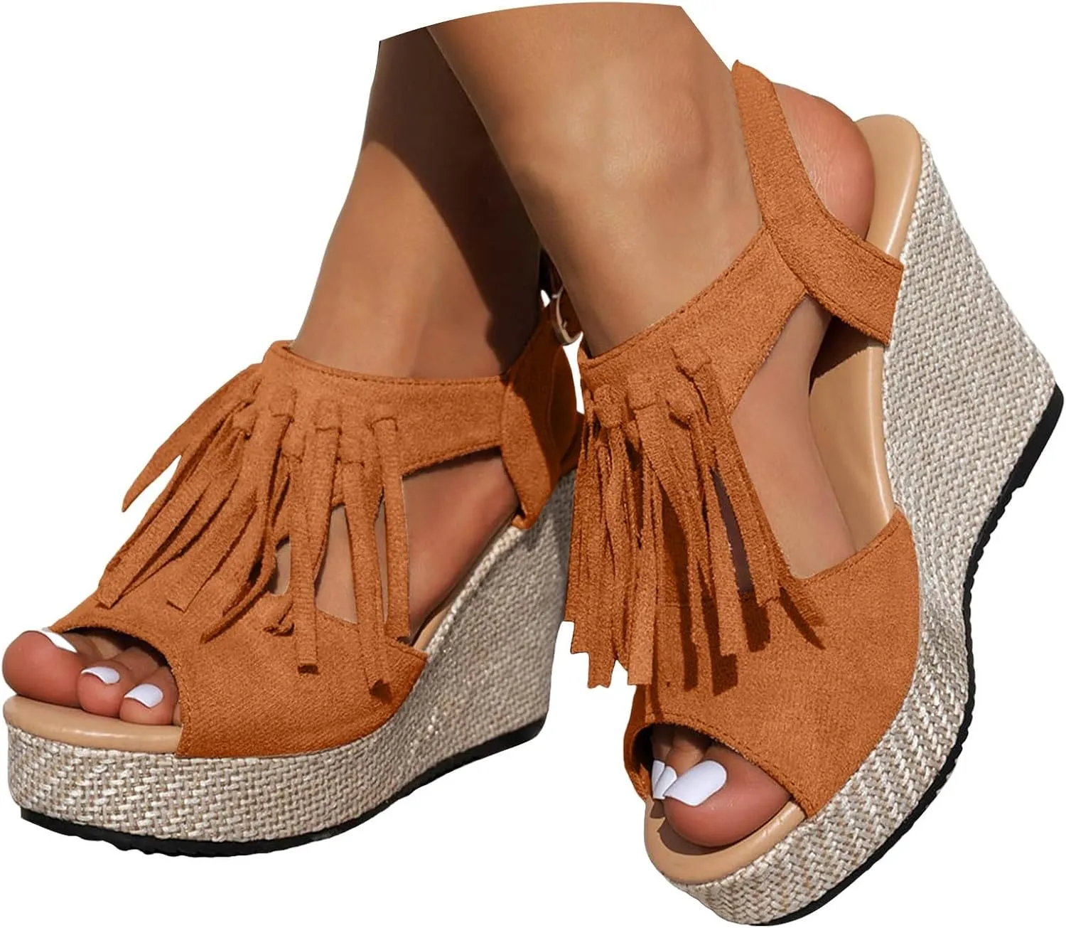 Women Summer Tassels Woven Orthopedic Wedge Sandals 2025 Summer Tassel Suede Woven Casual Open Toe Thick Soled High Heels Sandals Comfortable Lightweight Stylish Outdoor Wear Shoes
