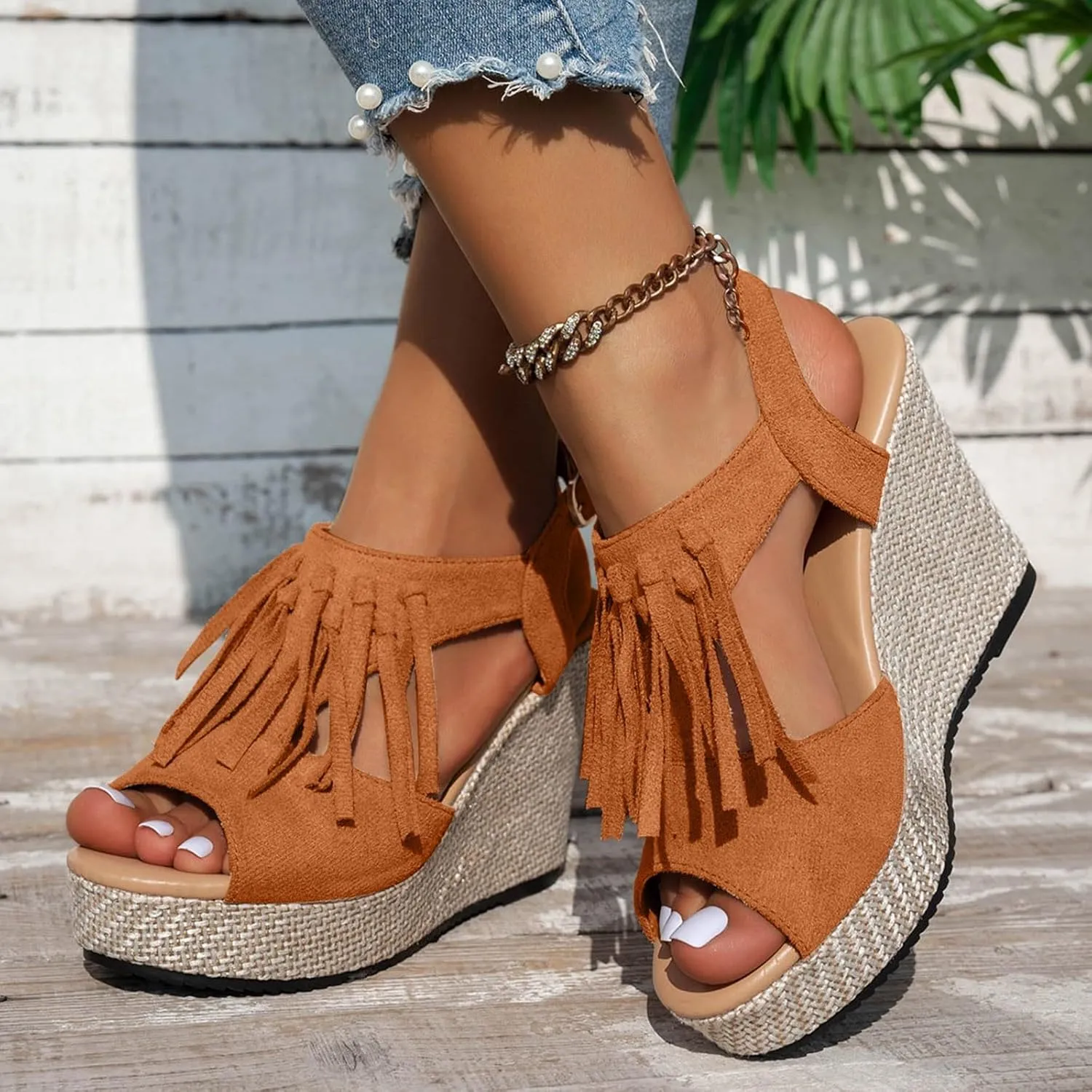 Women Summer Tassels Woven Orthopedic Wedge Sandals 2025 Summer Tassel Suede Woven Casual Open Toe Thick Soled High Heels Sandals Comfortable Lightweight Stylish Outdoor Wear Shoes