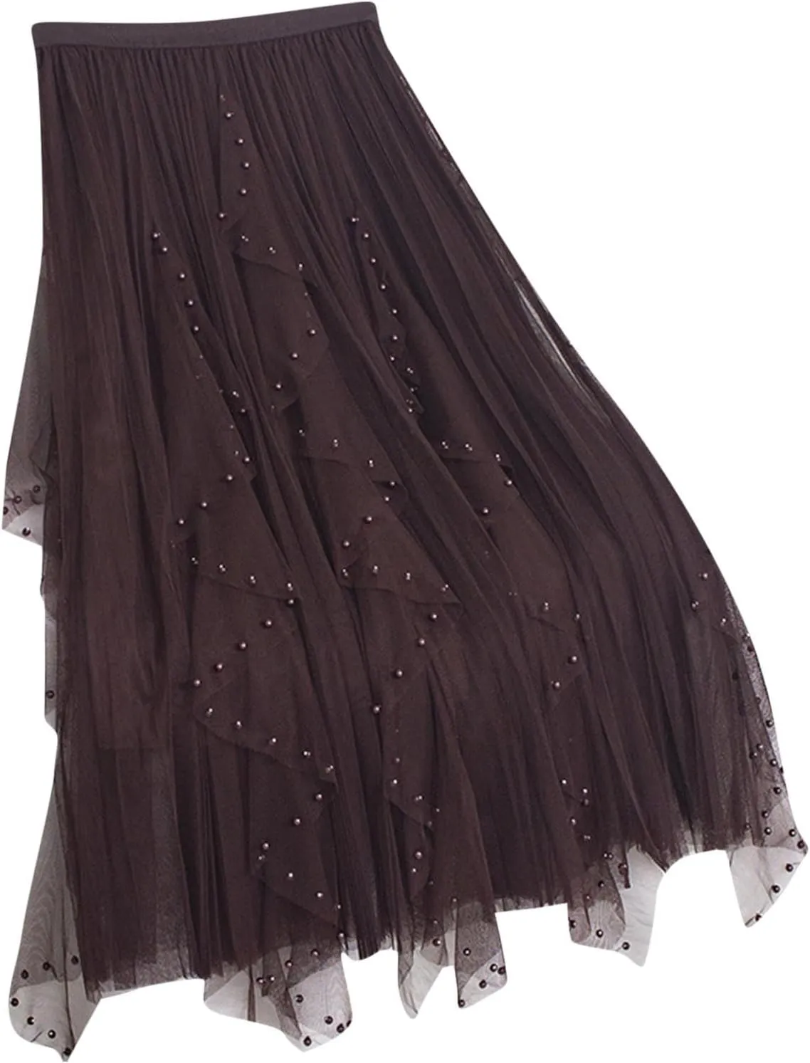 Women Tulle Skirts Solid Color Elastic Waist Mesh Tiered Layered Asymmetrical Skirt Casual Fashion Elegant Skirts