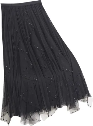 Women Tulle Skirts Solid Color Elastic Waist Mesh Tiered Layered Asymmetrical Skirt Casual Fashion Elegant Skirts
