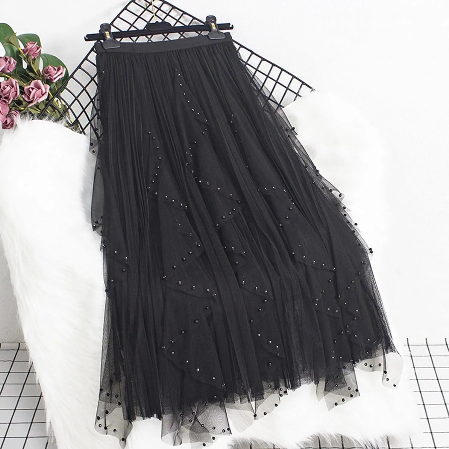 Women Tulle Skirts Solid Color Elastic Waist Mesh Tiered Layered Asymmetrical Skirt Casual Fashion Elegant Skirts