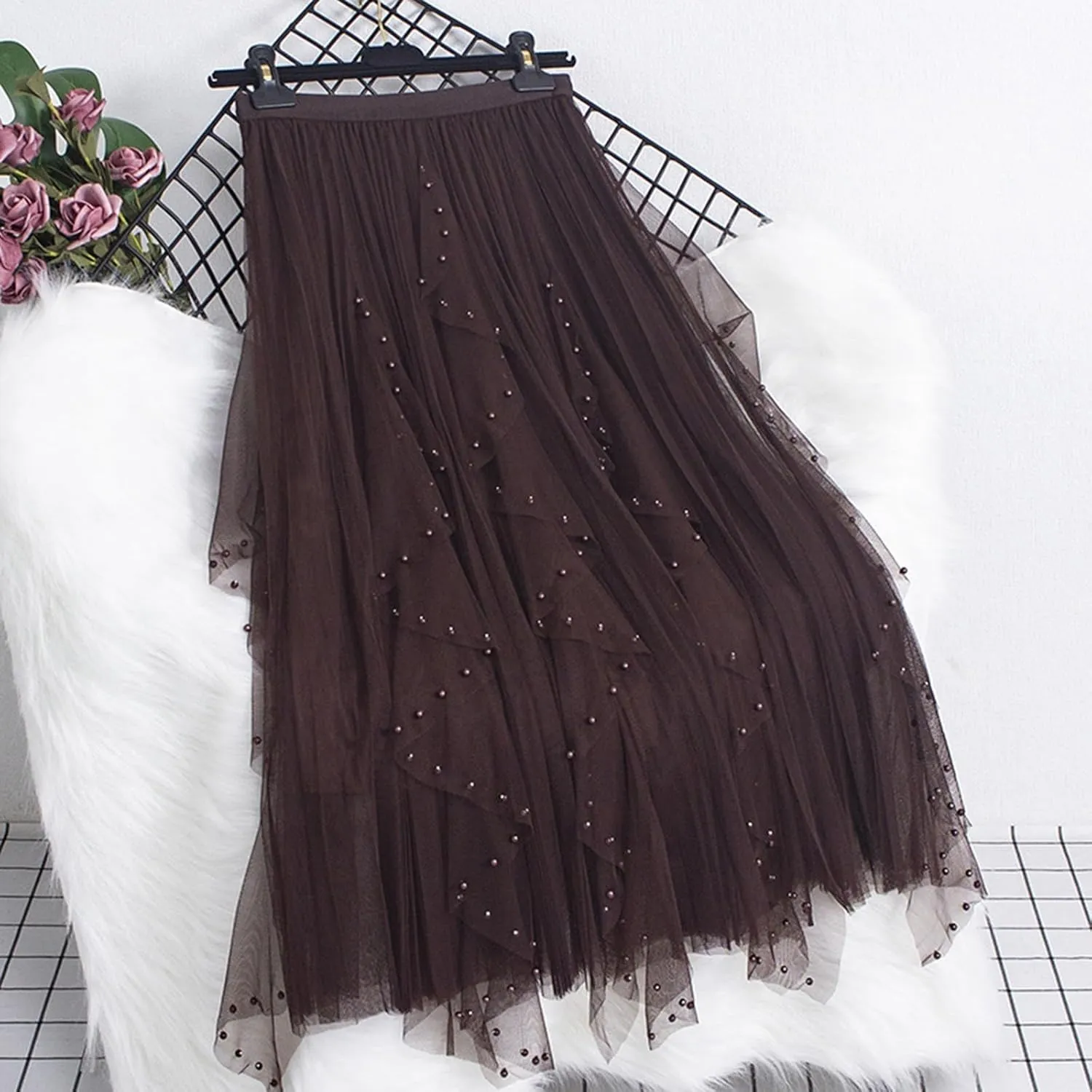 Women Tulle Skirts Solid Color Elastic Waist Mesh Tiered Layered Asymmetrical Skirt Casual Fashion Elegant Skirts