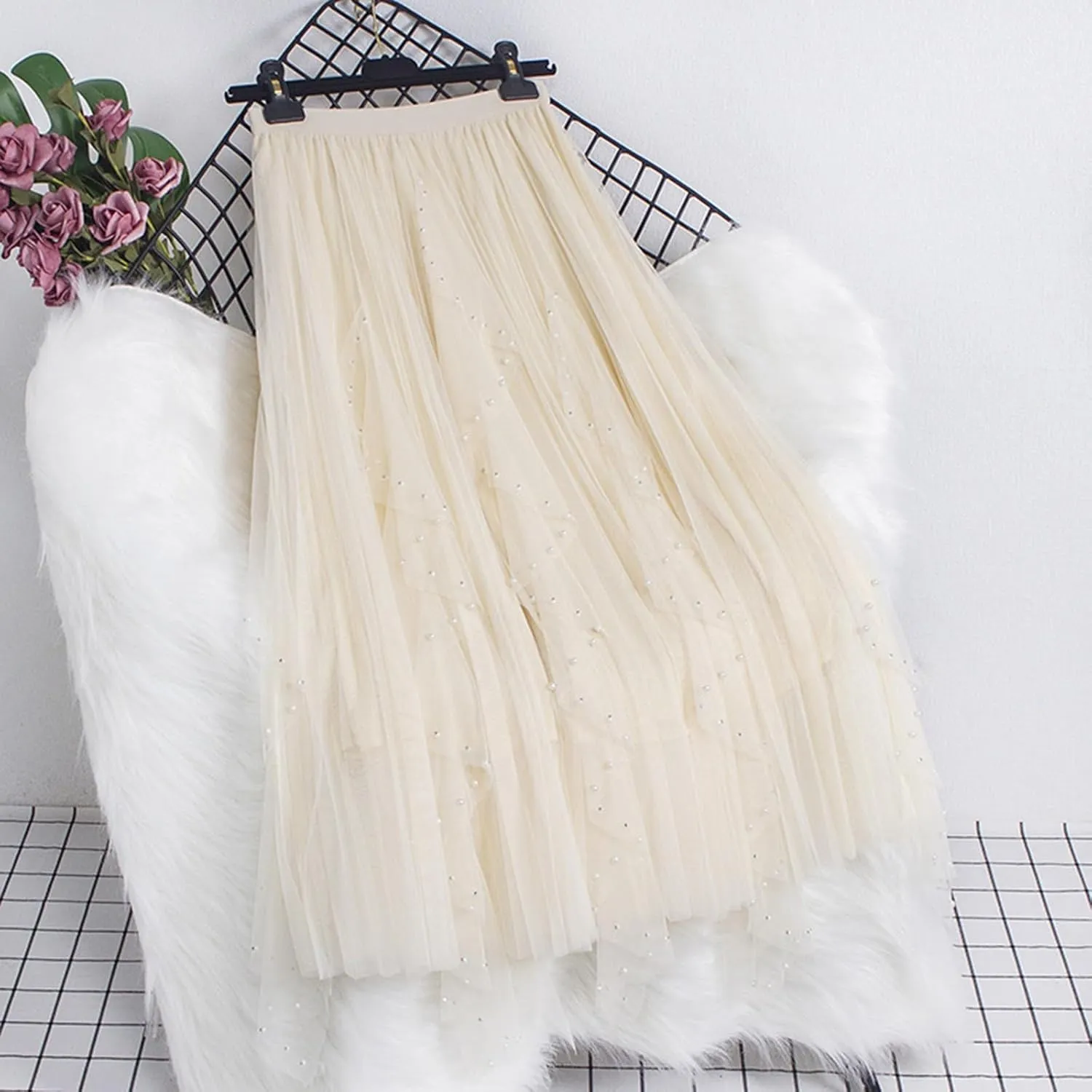 Women Tulle Skirts Solid Color Elastic Waist Mesh Tiered Layered Asymmetrical Skirt Casual Fashion Elegant Skirts