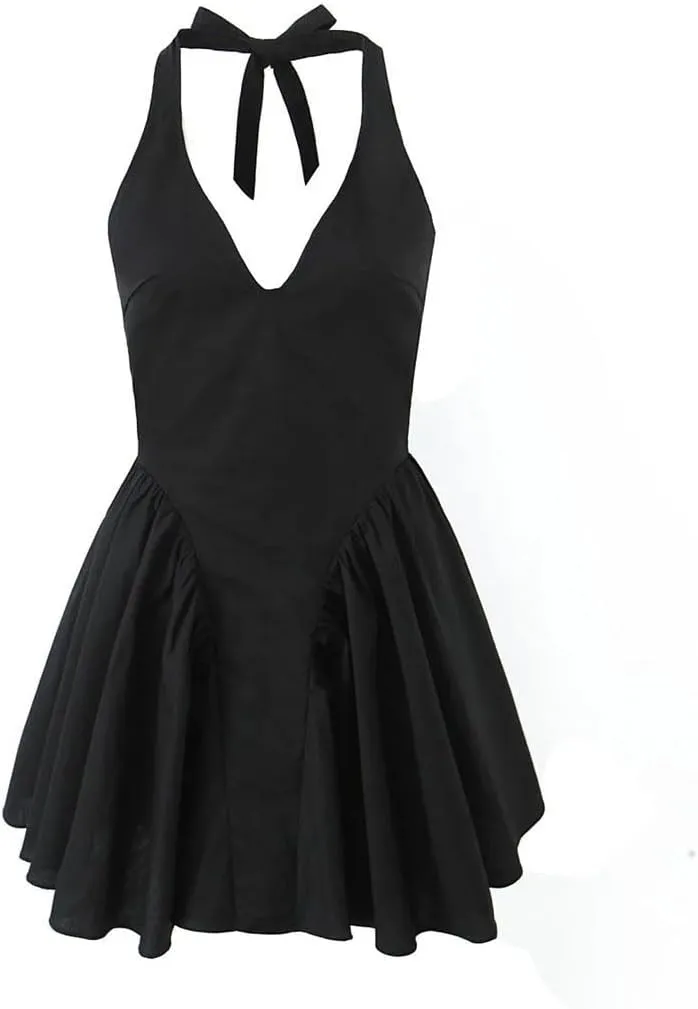 Women V-Neck Evening Party Mini Dress Ruffle Hanging Neck Backless Bodycon Dresses