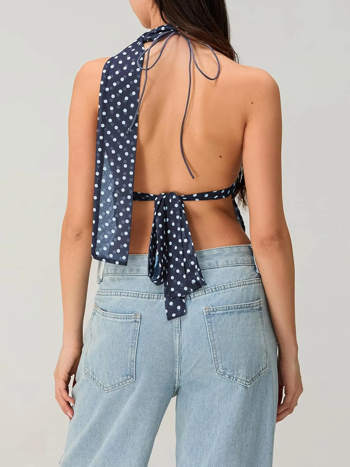 Women Y2K Cami Tank Top Sleeveless Backless Polka Dot Camisole Top Sexy Going Out Crop Tank Tops with Scarf