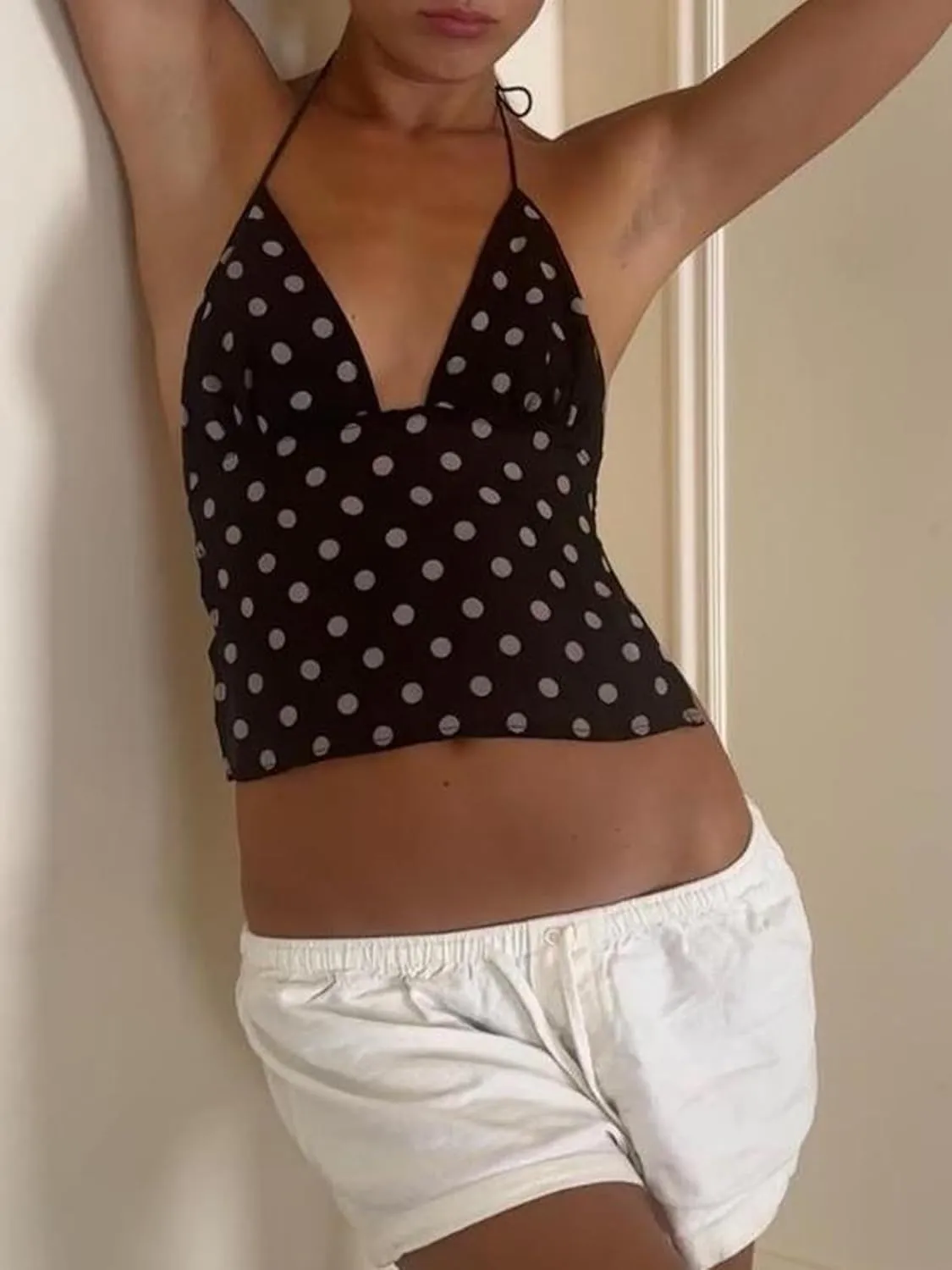 Women Y2K Cami Tank Top Sleeveless Backless Polka Dot Camisole Top Sexy Going Out Crop Tank Tops with Scarf