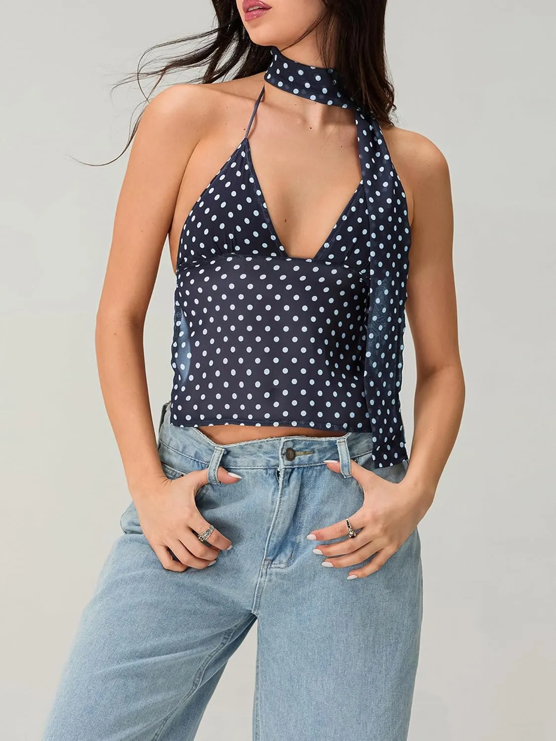 Women Y2K Cami Tank Top Sleeveless Backless Polka Dot Camisole Top Sexy Going Out Crop Tank Tops with Scarf