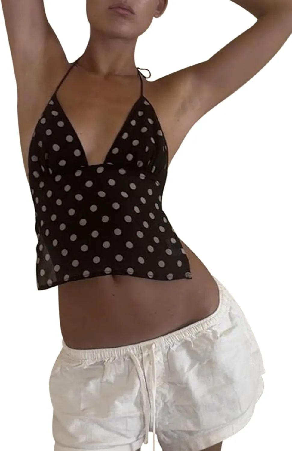 Women Y2K Cami Tank Top Sleeveless Backless Polka Dot Camisole Top Sexy Going Out Crop Tank Tops with Scarf