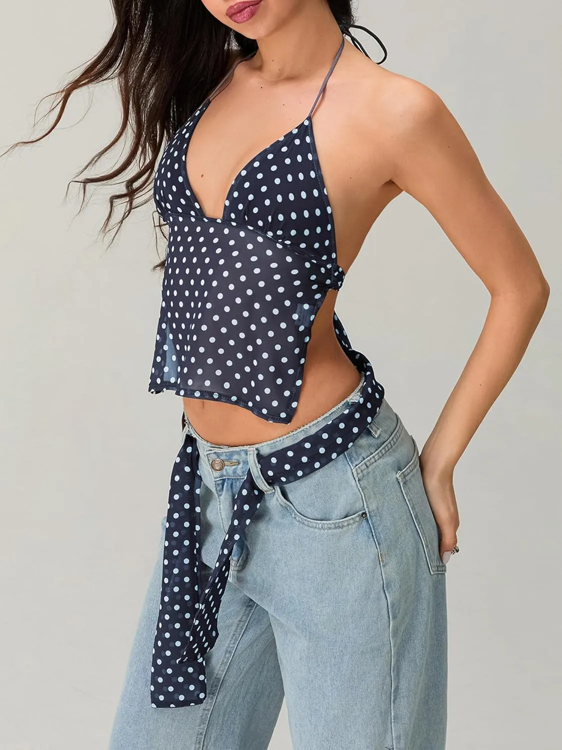 Women Y2K Cami Tank Top Sleeveless Backless Polka Dot Camisole Top Sexy Going Out Crop Tank Tops with Scarf