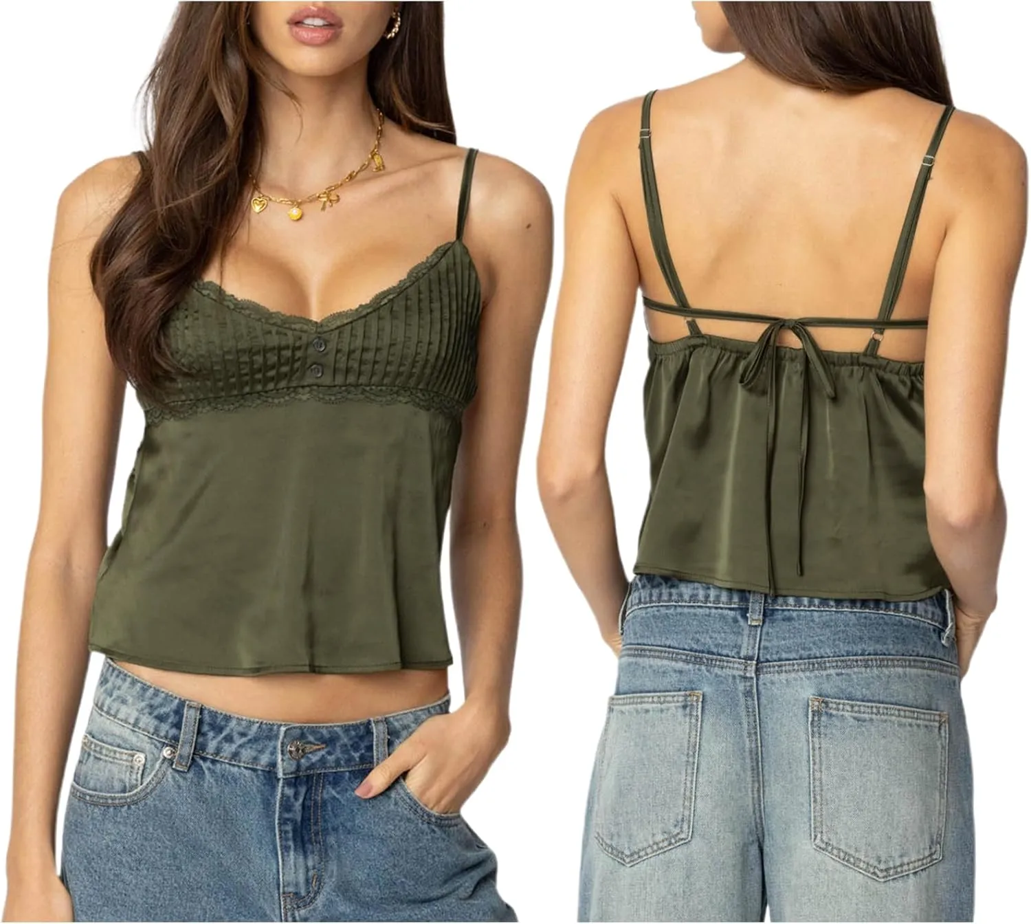 Women Y2k Lace Trim Tank Crop Tops Going Out Spaghetti Strap Lace Camisole Slim Fit Basic Cami Shirts Streetwear