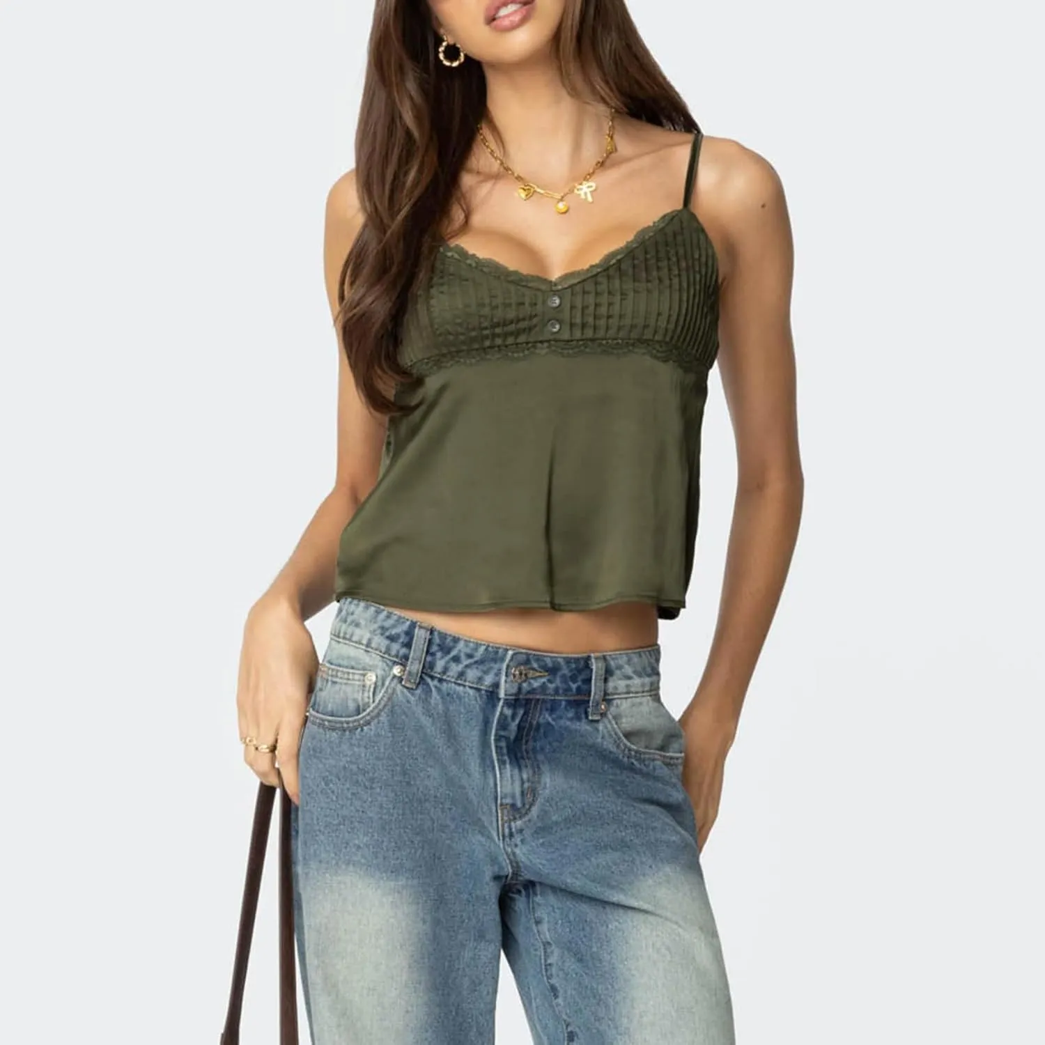 Women Y2k Lace Trim Tank Crop Tops Going Out Spaghetti Strap Lace Camisole Slim Fit Basic Cami Shirts Streetwear