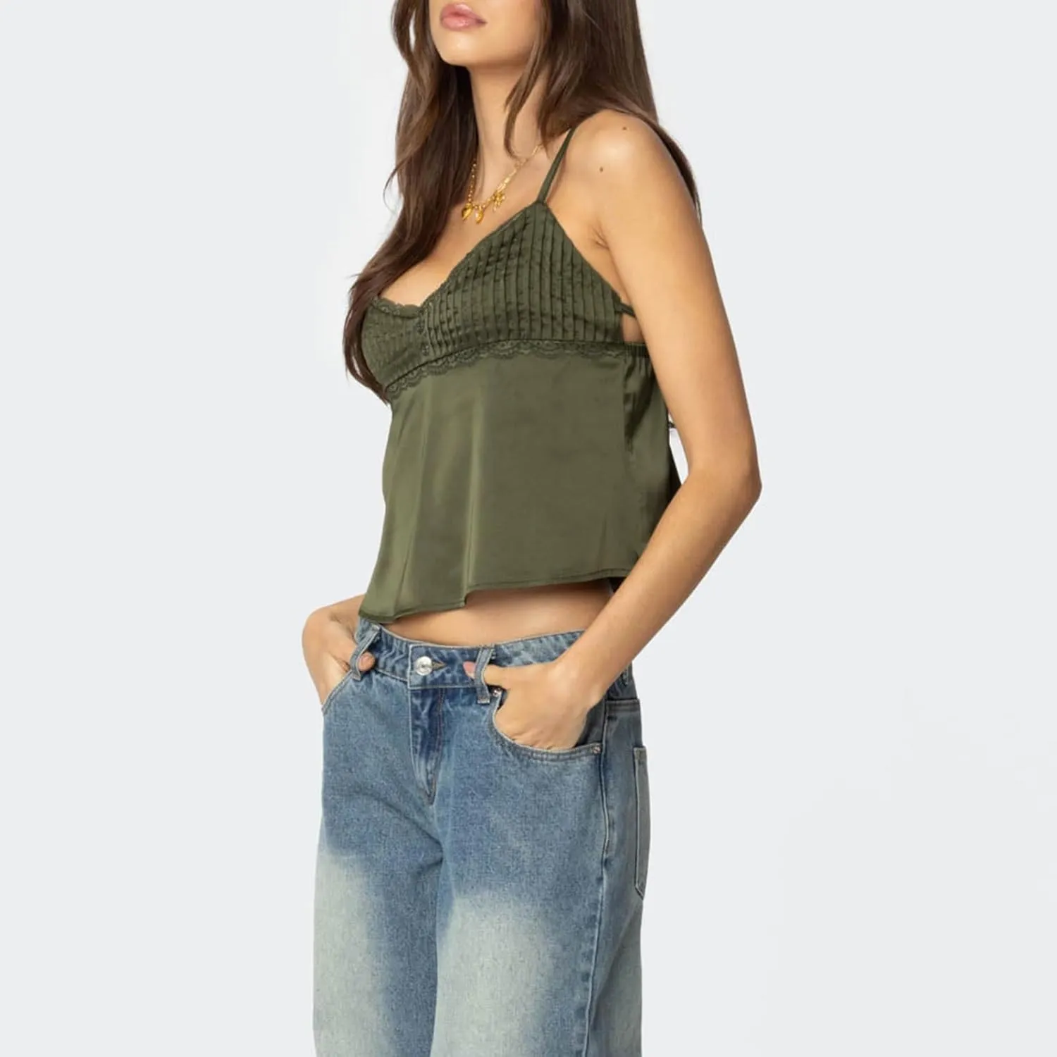Women Y2k Lace Trim Tank Crop Tops Going Out Spaghetti Strap Lace Camisole Slim Fit Basic Cami Shirts Streetwear