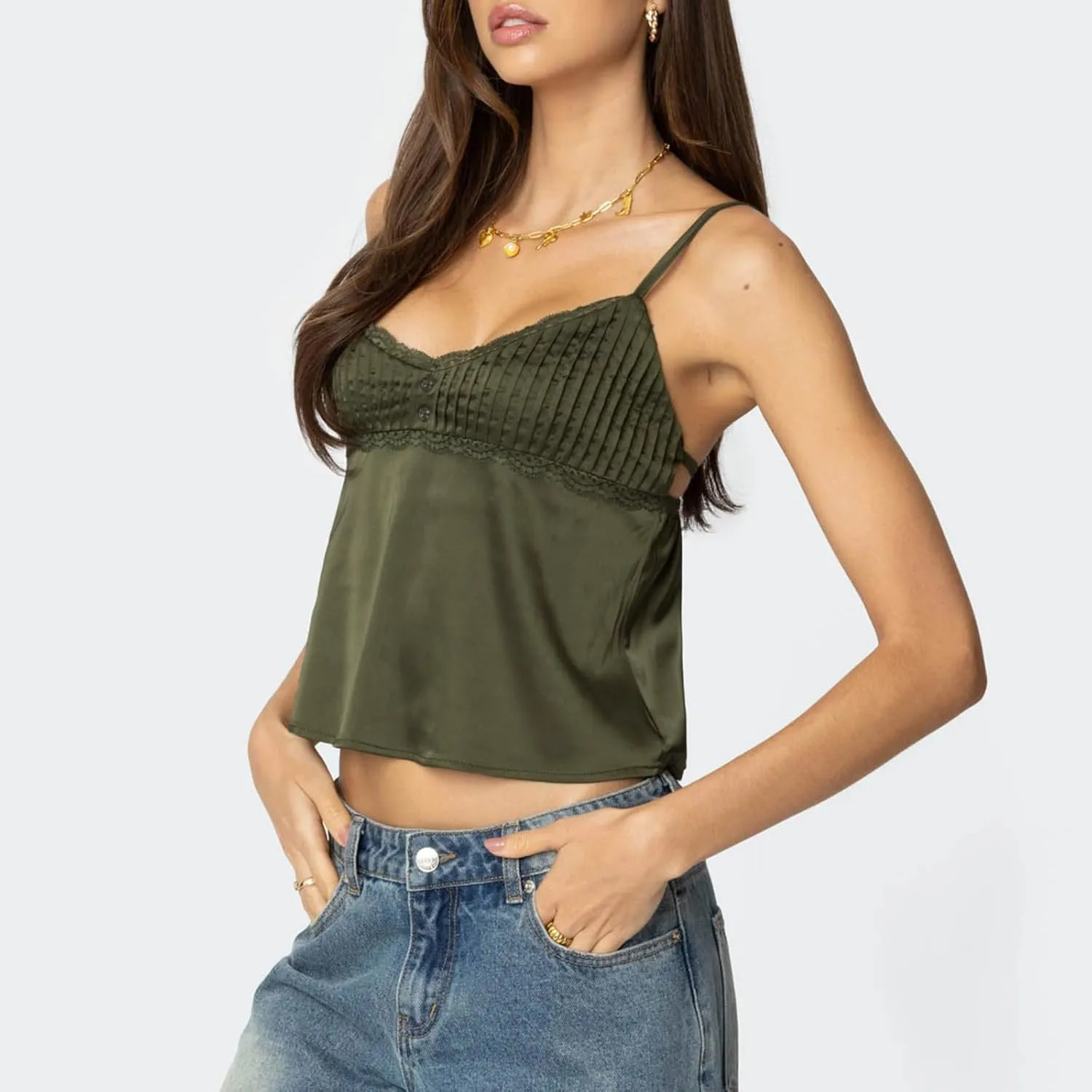 Women Y2k Lace Trim Tank Crop Tops Going Out Spaghetti Strap Lace Camisole Slim Fit Basic Cami Shirts Streetwear