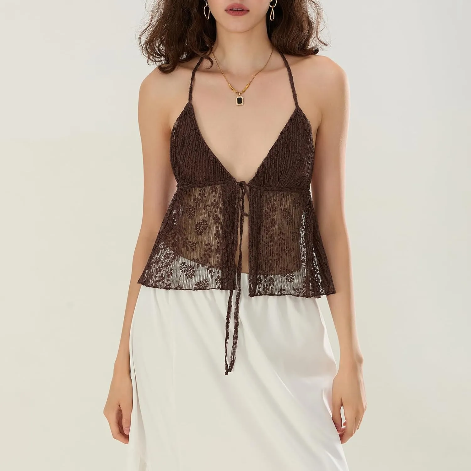 Women Y2K Sexy Tie Front Crop Top Spaghetti Strap Sleeveless Camisole Vest Summer Backless Going Out Cami Tank Tops