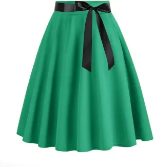 Women's 1950S Vintage Skirts Bow Belt High Waist A-Line Pleated Short Skirt Solid Color Knee Length Midi Skirt