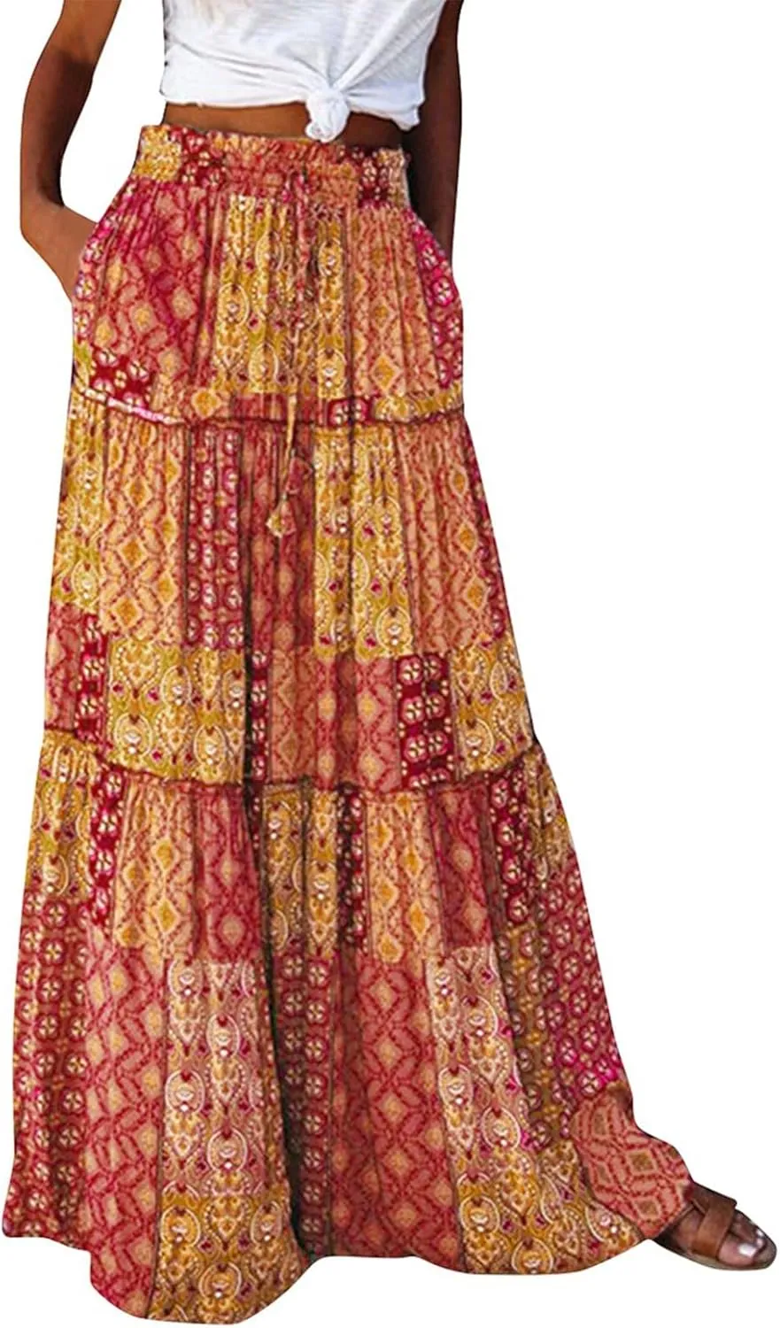 Womens 2025 Summer Boho Floral Maxi Skirt High Waist Casual Elastic Waist Flowy Pleated A Line Skirts with Pockets