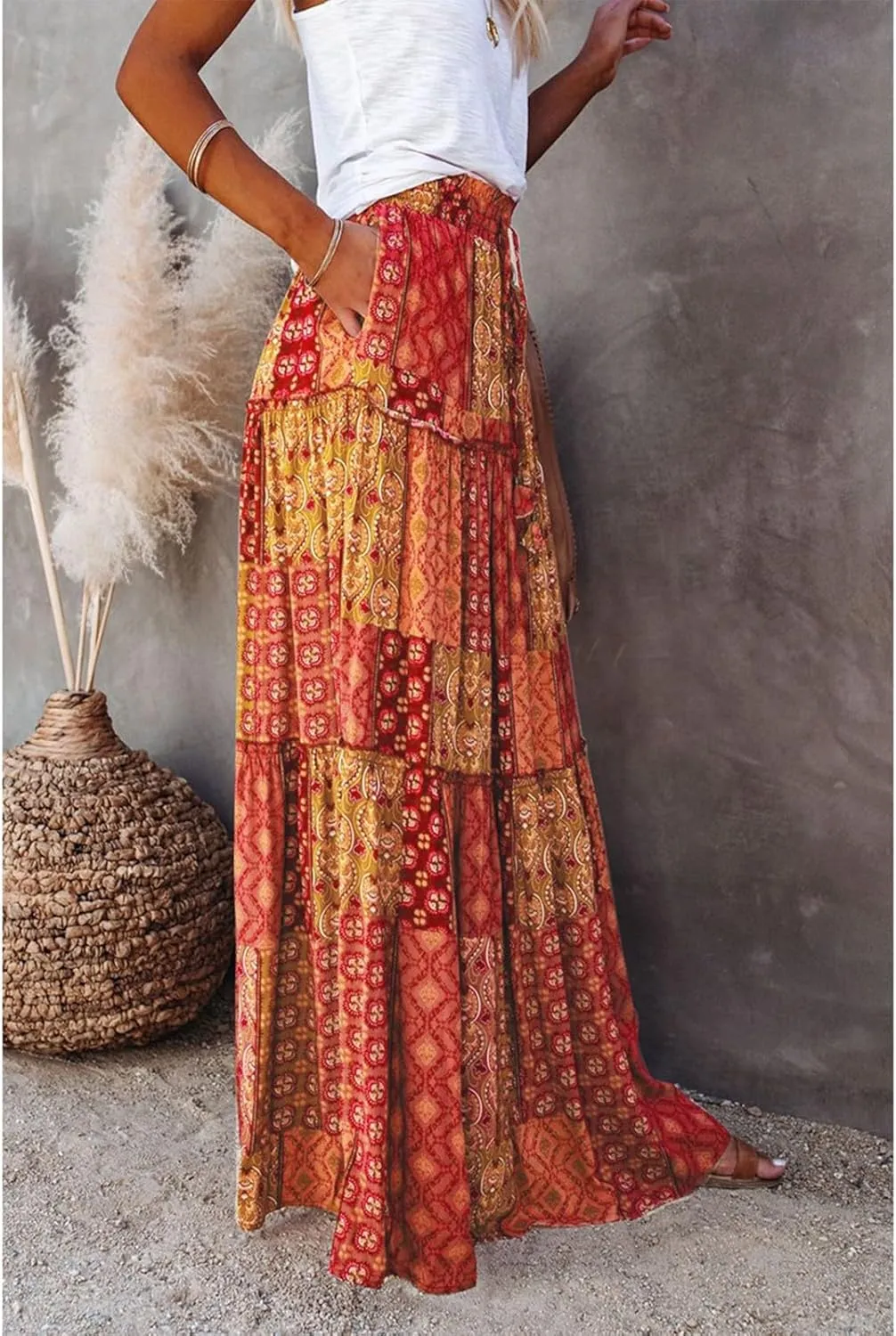 Womens 2025 Summer Boho Floral Maxi Skirt High Waist Casual Elastic Waist Flowy Pleated A Line Skirts with Pockets