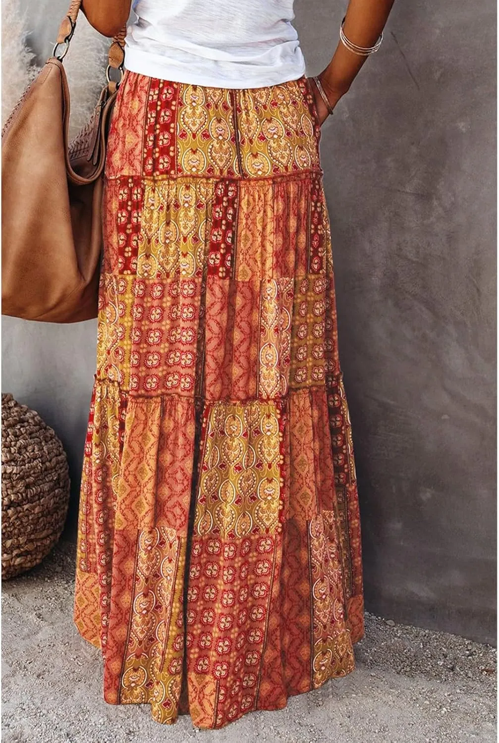 Womens 2025 Summer Boho Floral Maxi Skirt High Waist Casual Elastic Waist Flowy Pleated A Line Skirts with Pockets