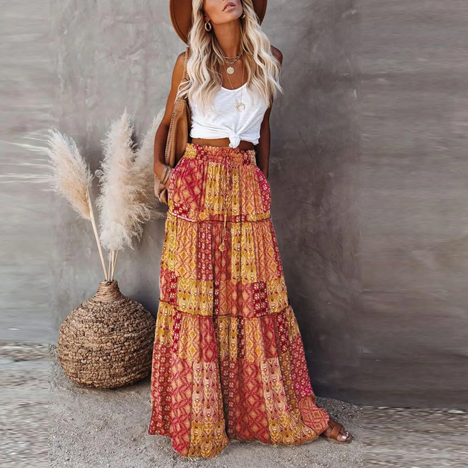 Womens 2025 Summer Boho Floral Maxi Skirt High Waist Casual Elastic Waist Flowy Pleated A Line Skirts with Pockets
