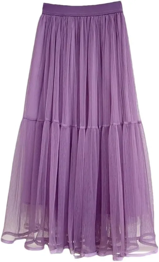 Women's Basic Midi Tulle Skirt Elastic High Waist Mesh Formal Prom Party Tutu Pleated Skirts