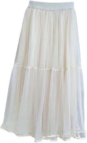 Women's Basic Midi Tulle Skirt Elastic High Waist Mesh Formal Prom Party Tutu Pleated Skirts