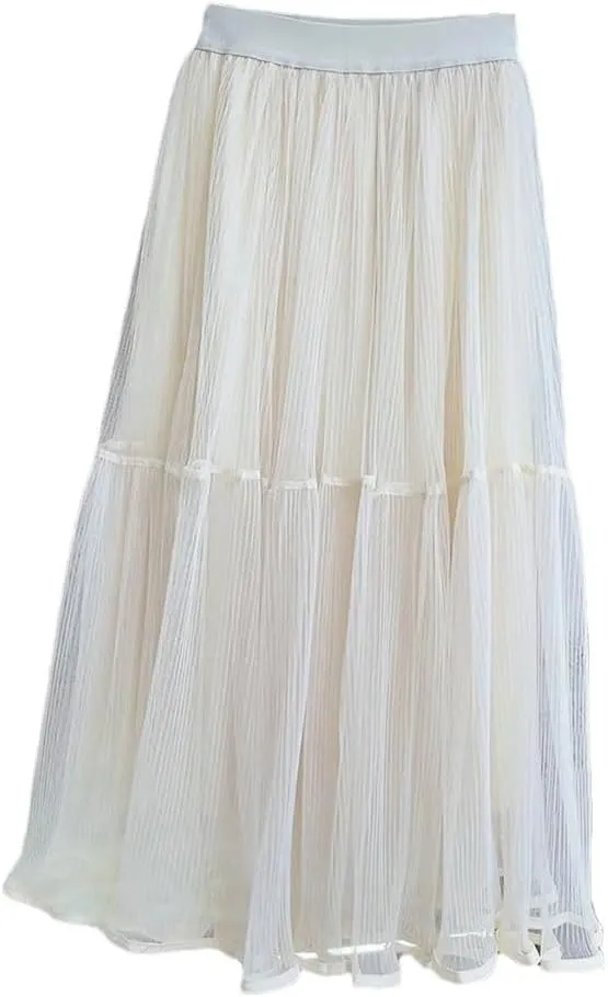 Women's Basic Midi Tulle Skirt Elastic High Waist Mesh Formal Prom Party Tutu Pleated Skirts