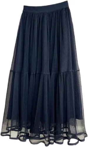 Women's Basic Midi Tulle Skirt Elastic High Waist Mesh Formal Prom Party Tutu Pleated Skirts