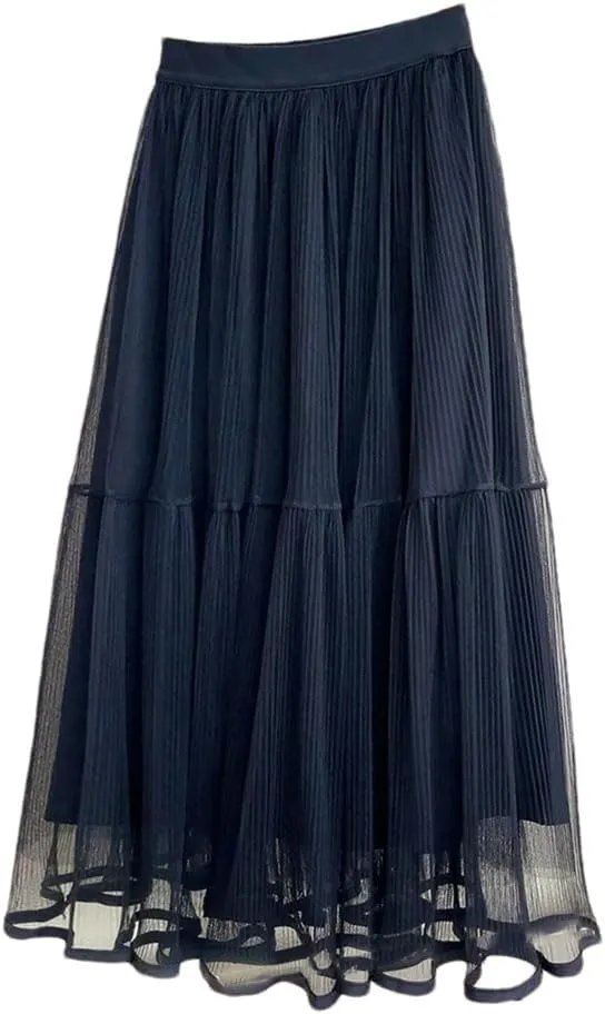 Women's Basic Midi Tulle Skirt Elastic High Waist Mesh Formal Prom Party Tutu Pleated Skirts