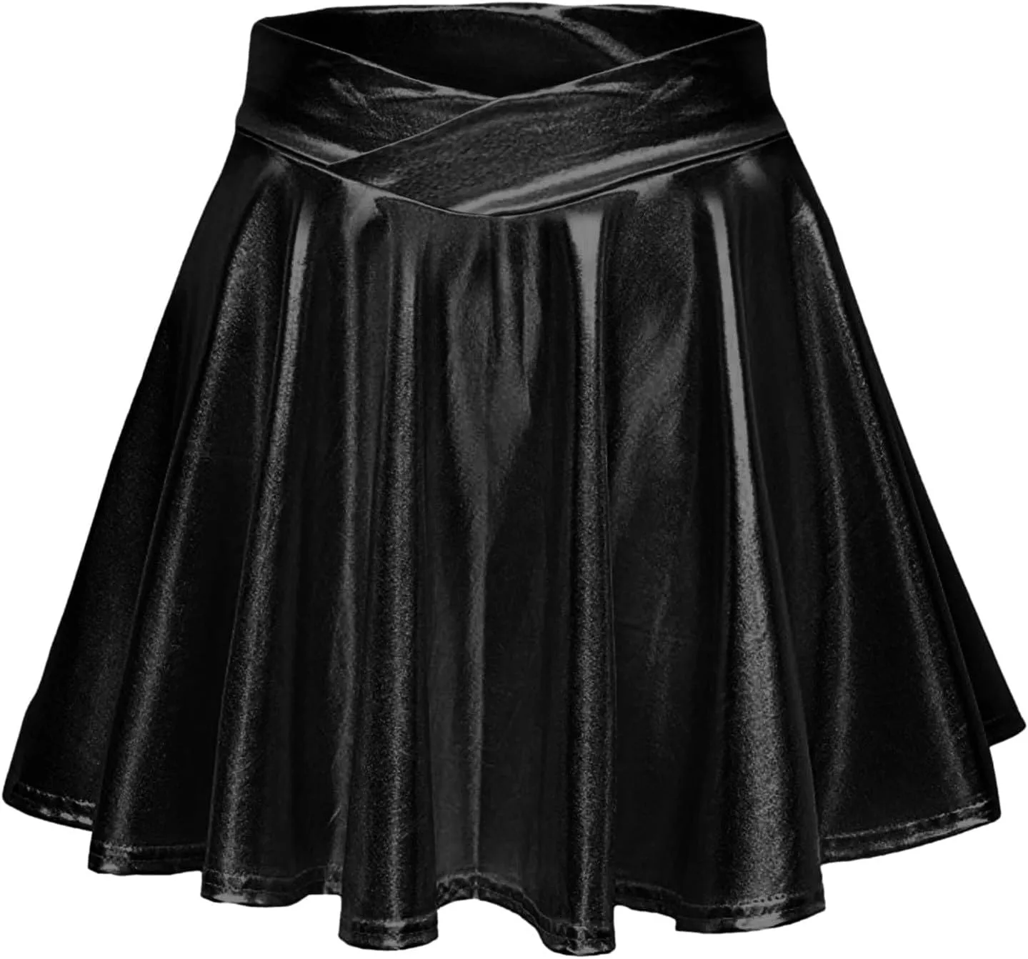 Womens Basic Versatile Mini Skirts Casual Stretchy Flared Skater Skirt Fashion Sexy Solid Pleated Skirt Shiny Skirts