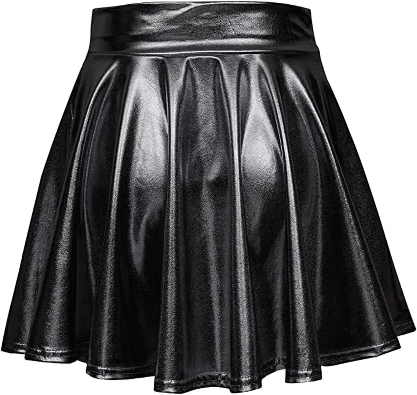 Womens Basic Versatile Mini Skirts Casual Stretchy Flared Skater Skirt Fashion Sexy Solid Pleated Skirt Shiny Skirts