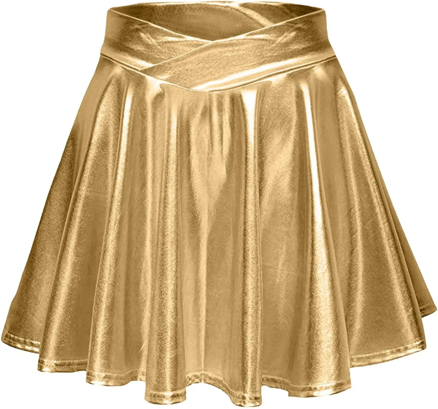 Womens Basic Versatile Mini Skirts Casual Stretchy Flared Skater Skirt Fashion Sexy Solid Pleated Skirt Shiny Skirts