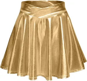 Womens Basic Versatile Mini Skirts Casual Stretchy Flared Skater Skirt Fashion Sexy Solid Pleated Skirt Shiny Skirts