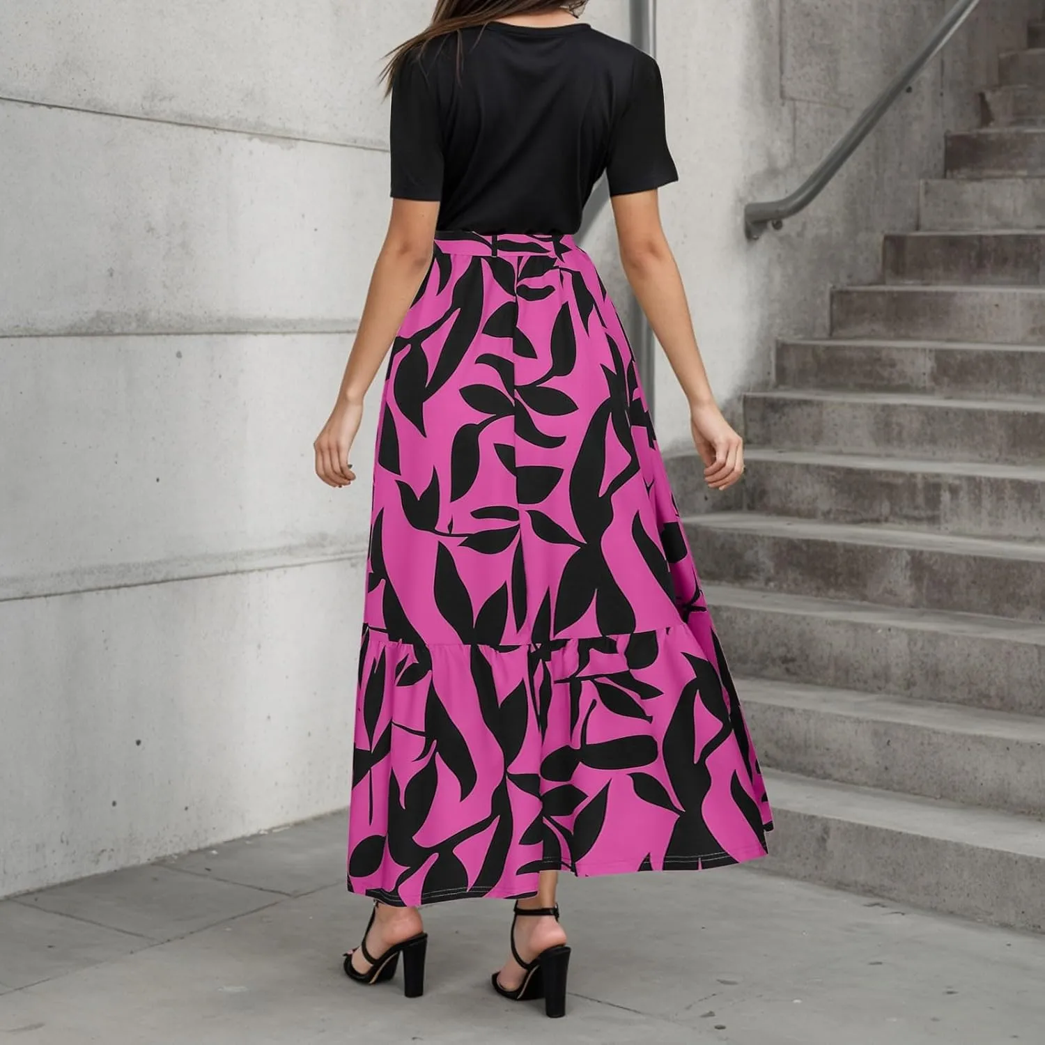 Women's Boho Leopard Print Skirt Pleated A-Line Swing Midi Skirts Flowy Flared Ruffle Summer Long Skirt