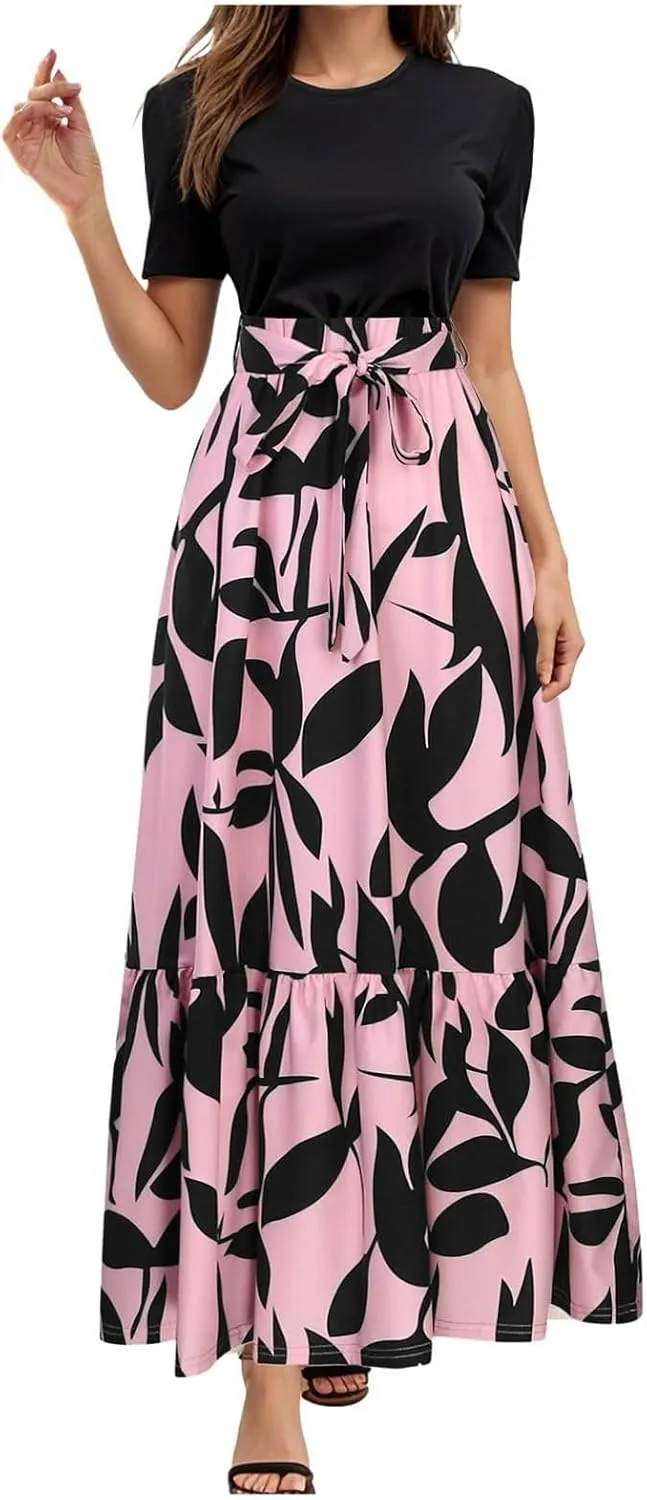 Women's Boho Leopard Print Skirt Pleated A-Line Swing Midi Skirts Flowy Flared Ruffle Summer Long Skirt