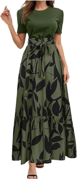Women's Boho Leopard Print Skirt Pleated A-Line Swing Midi Skirts Flowy Flared Ruffle Summer Long Skirt