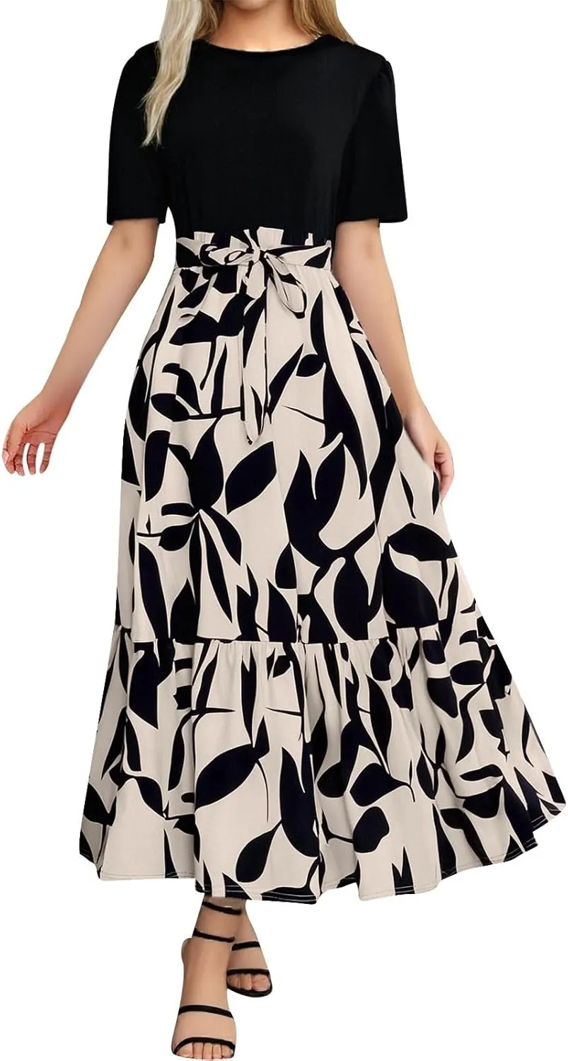 Women's Boho Leopard Print Skirt Pleated A-Line Swing Midi Skirts Flowy Flared Ruffle Summer Long Skirt