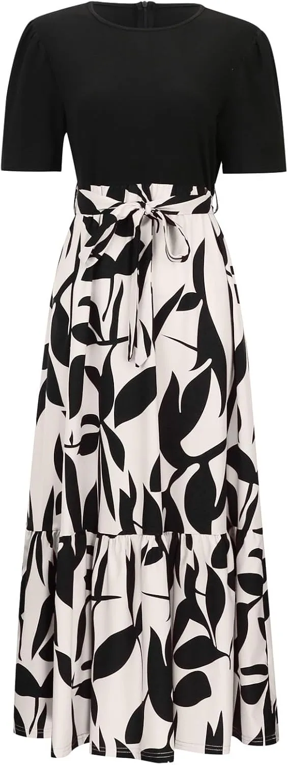 Women's Boho Leopard Print Skirt Pleated A-Line Swing Midi Skirts Flowy Flared Ruffle Summer Long Skirt