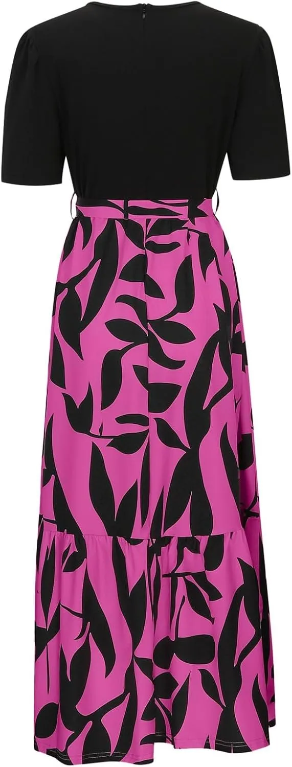 Women's Boho Leopard Print Skirt Pleated A-Line Swing Midi Skirts Flowy Flared Ruffle Summer Long Skirt