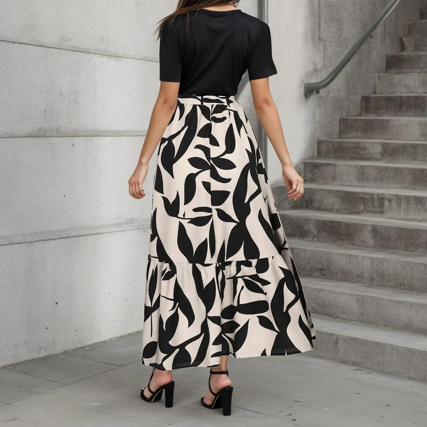 Women's Boho Leopard Print Skirt Pleated A-Line Swing Midi Skirts Flowy Flared Ruffle Summer Long Skirt