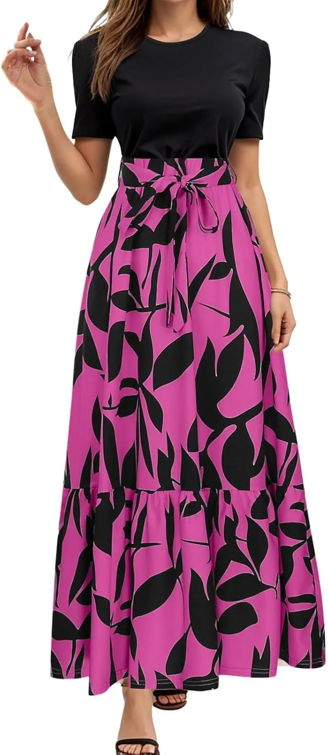 Women's Boho Leopard Print Skirt Pleated A-Line Swing Midi Skirts Flowy Flared Ruffle Summer Long Skirt