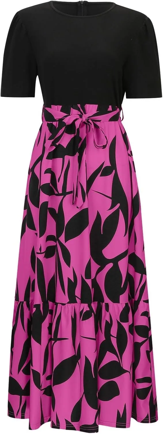 Women's Boho Leopard Print Skirt Pleated A-Line Swing Midi Skirts Flowy Flared Ruffle Summer Long Skirt