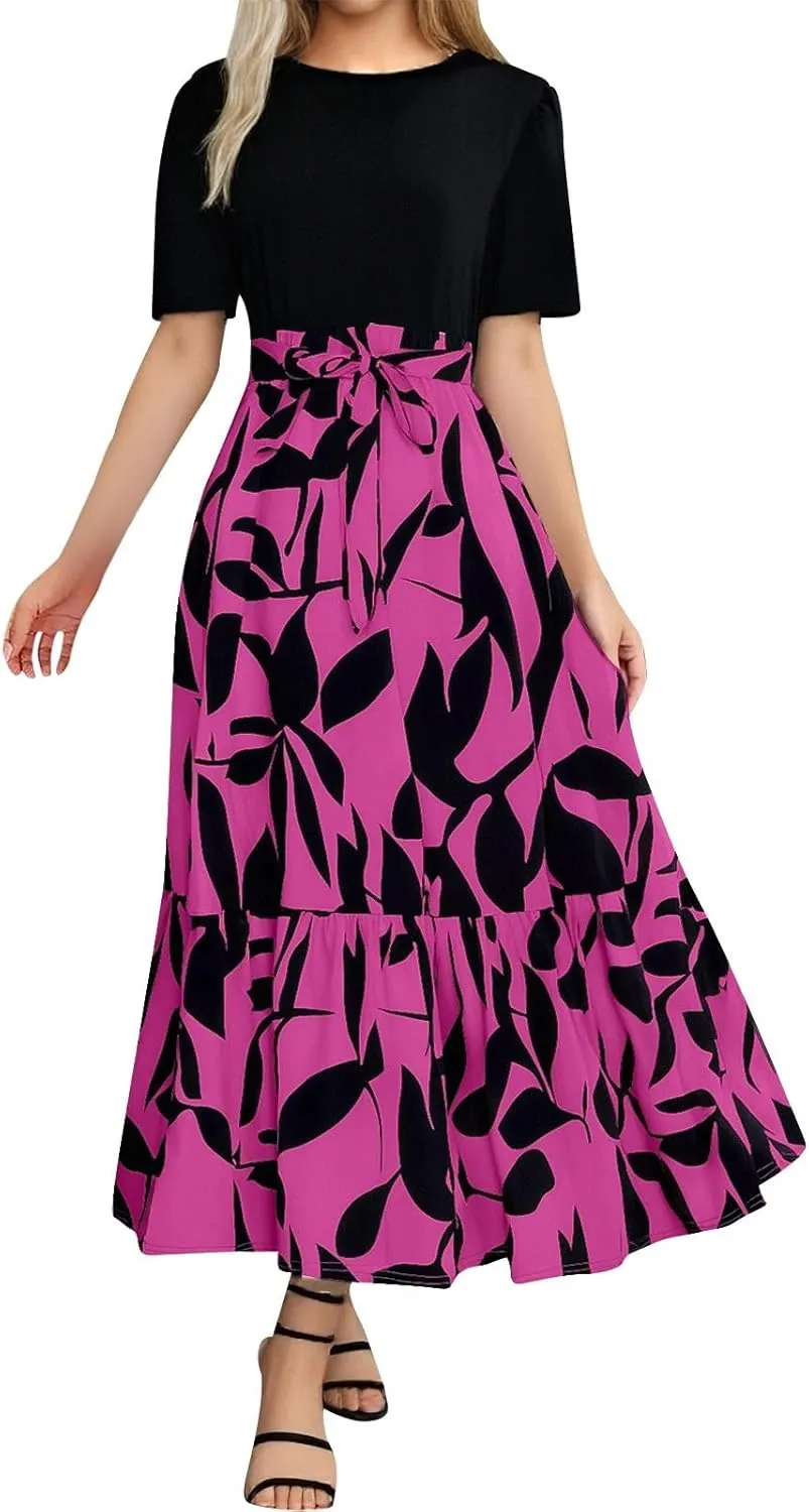 Women's Boho Leopard Print Skirt Pleated A-Line Swing Midi Skirts Flowy Flared Ruffle Summer Long Skirt