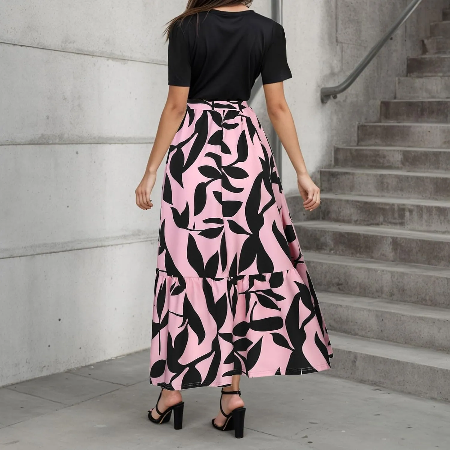 Women's Boho Leopard Print Skirt Pleated A-Line Swing Midi Skirts Flowy Flared Ruffle Summer Long Skirt