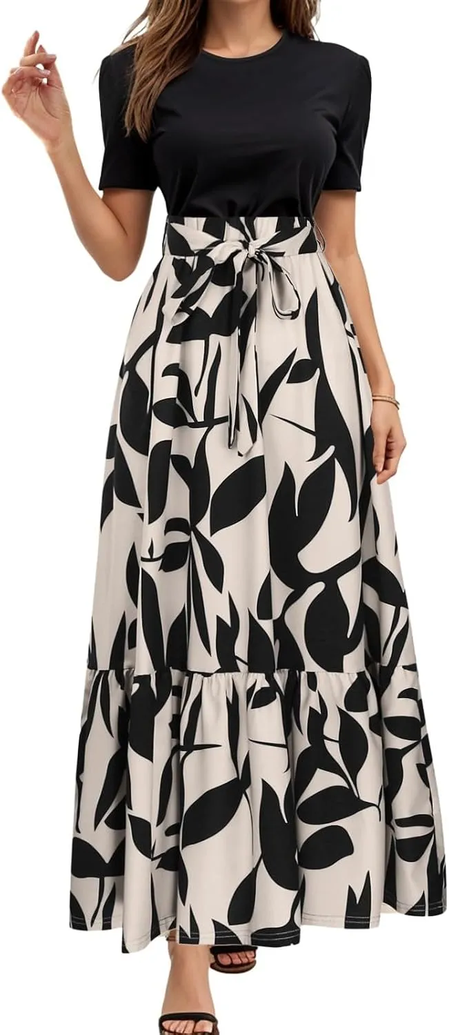 Women's Boho Leopard Print Skirt Pleated A-Line Swing Midi Skirts Flowy Flared Ruffle Summer Long Skirt