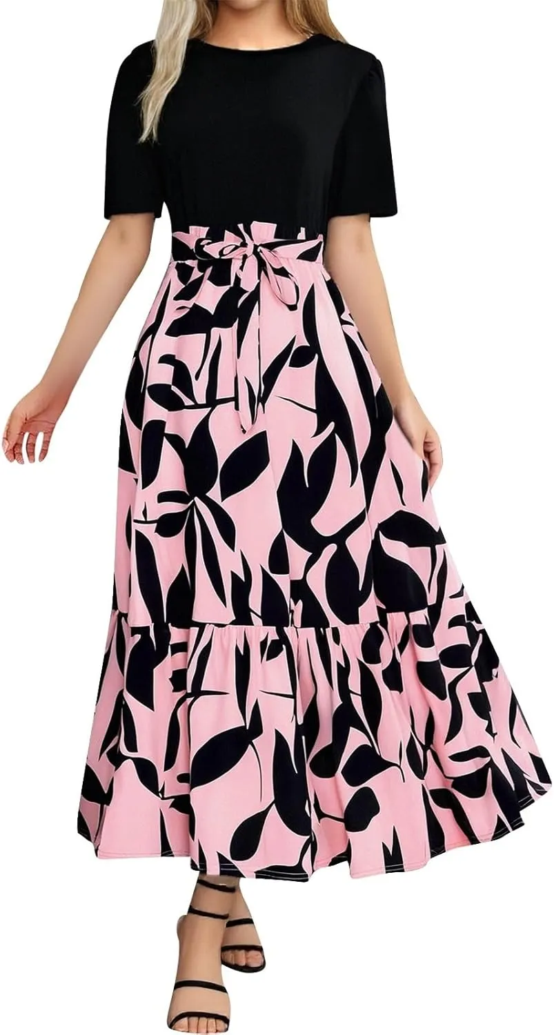 Women's Boho Leopard Print Skirt Pleated A-Line Swing Midi Skirts Flowy Flared Ruffle Summer Long Skirt