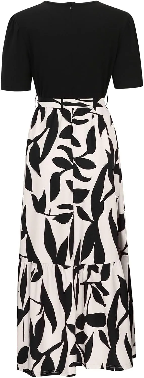 Women's Boho Leopard Print Skirt Pleated A-Line Swing Midi Skirts Flowy Flared Ruffle Summer Long Skirt