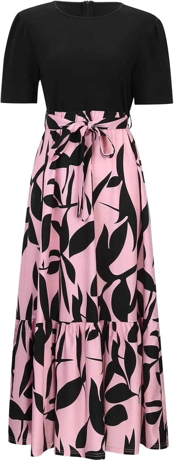 Women's Boho Leopard Print Skirt Pleated A-Line Swing Midi Skirts Flowy Flared Ruffle Summer Long Skirt